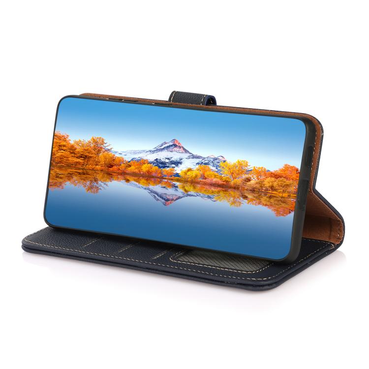 For iPhone 17 Pro Max KHAZNEH Custer Genuine Leather RFID Phone Case(Blue) - free shipping - PMc TechLife - Order now!