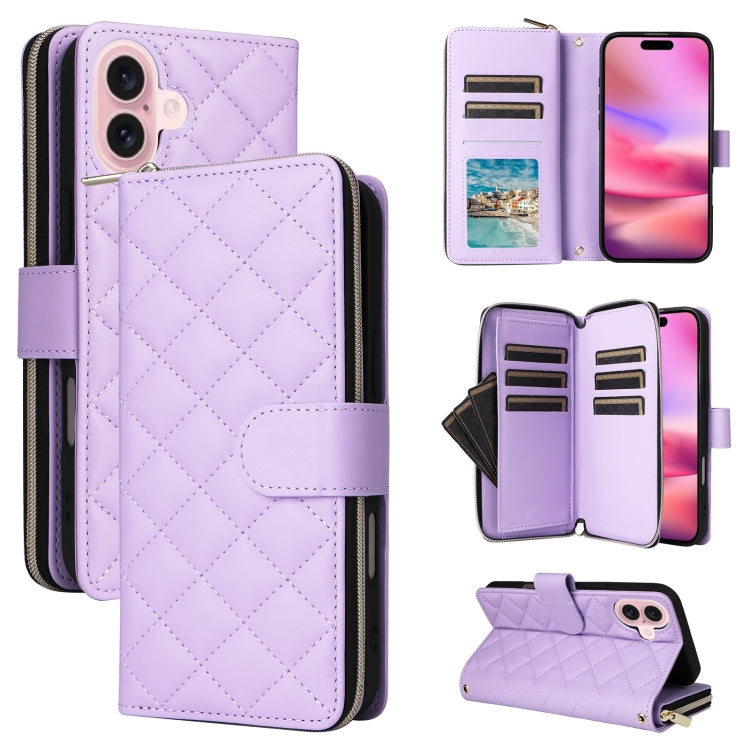 For iPhone 16 Crossbody Rhombic Zipper Tower Buckle Leather Phone Case with Lanyard(Purple) - iPhone 16 Cases by PMC Jewellery | Online Shopping South Africa | PMC Jewellery | Buy Now Pay Later Mobicred