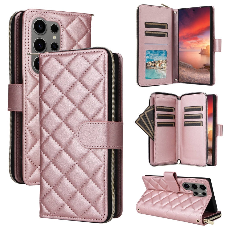 For Samsung Galaxy S25 Ultra 5G Crossbody Rhombic Zipper Tower Buckle Leather Phone Case with Lanyard(Rose Gold) - Galaxy S25 Ultra 5G Cases by PMC Jewellery | Online Shopping South Africa | PMC Jewellery | Buy Now Pay Later Mobicred