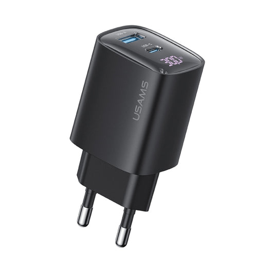 USAMS CC229 30W USB+USB-C / Type-C Dual Port GaN Digital Display Charger, Specifications: EU Plug(Black) - USB Charger by USAMS | Online Shopping South Africa | PMC Jewellery | Buy Now Pay Later Mobicred