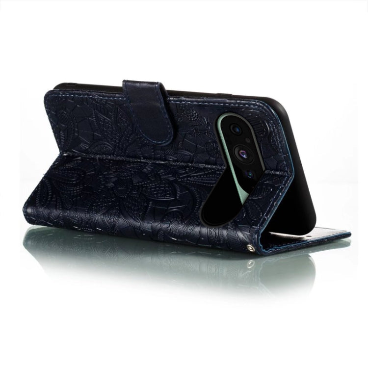 For Google Pixel 9 Lace Flower Embossing Flip Leather Phone Case(Dark Blue) - Google Cases by PMC Jewellery | Online Shopping South Africa | PMC Jewellery | Buy Now Pay Later Mobicred