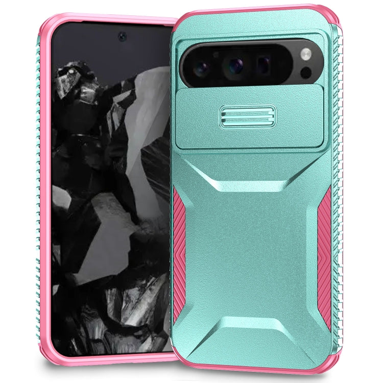 For Google Pixel 9 Pro XL Sliding Camshield Phone Case(Grey Green + Pink) - Google Cases by PMC Jewellery | Online Shopping South Africa | PMC Jewellery | Buy Now Pay Later Mobicred