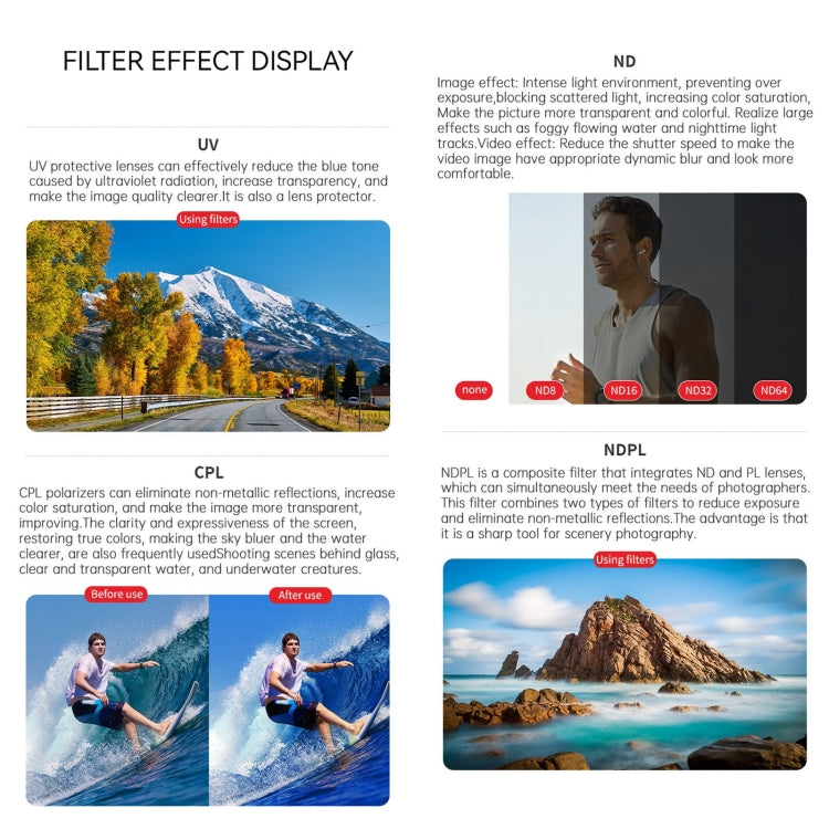 For DJI Osmo Action 4 JUNESTAR Threaded Camera Lens Filter, Filter:6 in 1 ND8-64 UV CPL - free shipping - PMC TechLife - Order now!