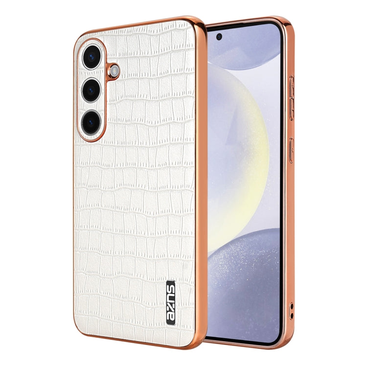 For Samsung Galaxy S25 5G AZNS Electroplated Frame Crocodile Texture Full Coverage Phone Case(White) - free shipping - PMC Jewellery - Order now!