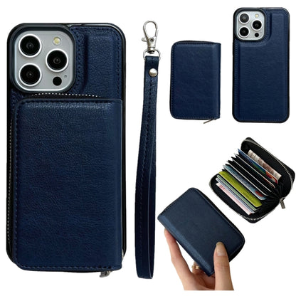 For iPhone 16 Pro Max Solid Color Zipper 11-Card Slots Bag Phone Case with Lanyard(Blue) - iPhone 16 Pro Max Cases by PMC Jewellery | Online Shopping South Africa | PMC Jewellery | Buy Now Pay Later Mobicred