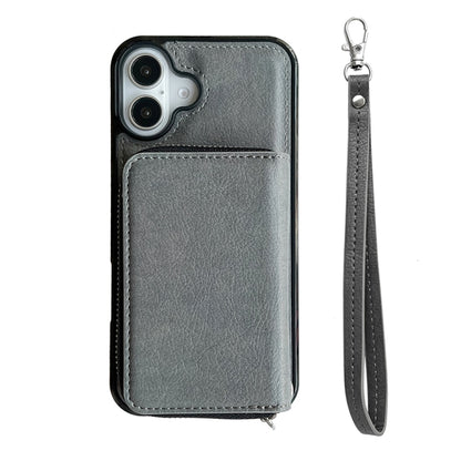 For iPhone 16 Plus Solid Color Zipper 11-Card Slots Bag Phone Case with Lanyard(Grey) - iPhone 16 Plus Cases by PMC Jewellery | Online Shopping South Africa | PMC Jewellery | Buy Now Pay Later Mobicred