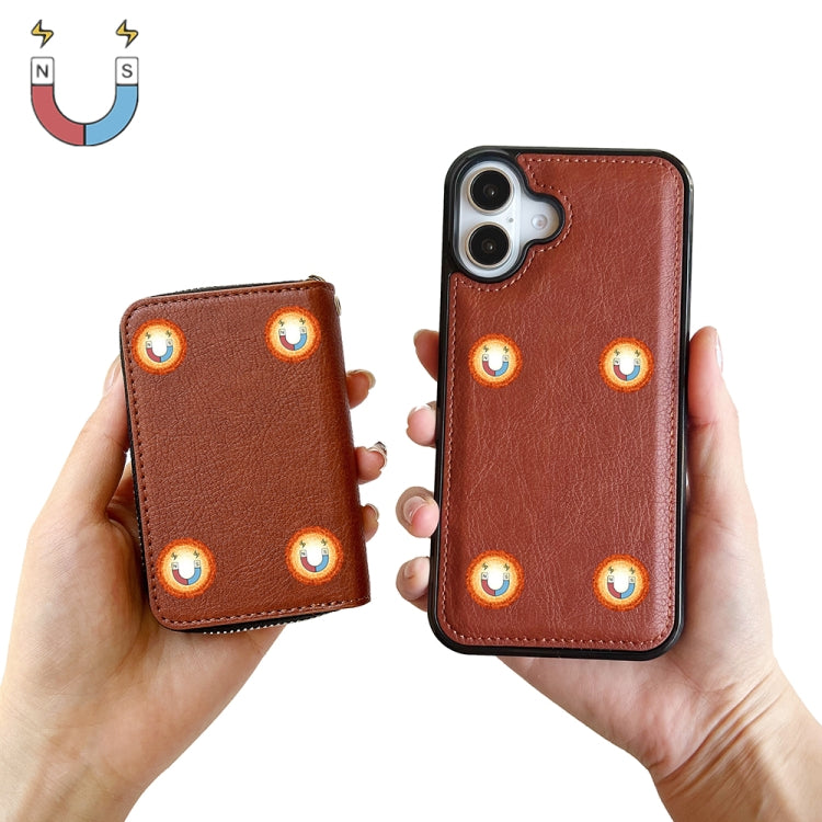 For iPhone 16 Plus Solid Color Zipper 11-Card Slots Bag Phone Case with Lanyard(Brown) - iPhone 16 Plus Cases by PMC Jewellery | Online Shopping South Africa | PMC Jewellery | Buy Now Pay Later Mobicred