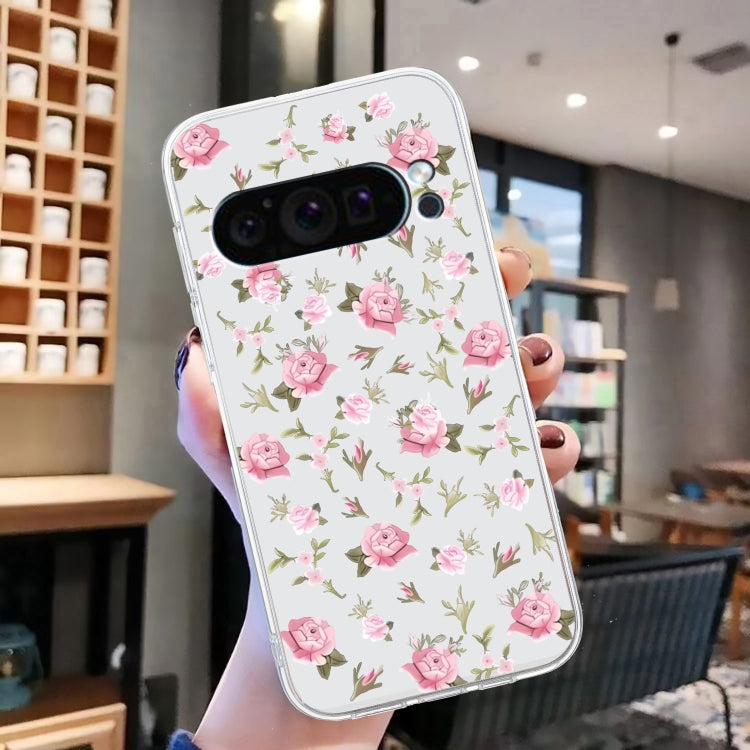 For Google Pixel 9 Pro Colored Drawing Pattern Transparent TPU Phone Case(Pink Floral) - Google Cases by PMC Jewellery | Online Shopping South Africa | PMC Jewellery | Buy Now Pay Later Mobicred