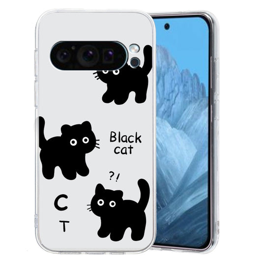 For Google Pixel 9 Pro Colored Drawing Pattern Transparent TPU Phone Case(Black Cat) - Google Cases by PMC Jewellery | Online Shopping South Africa | PMC Jewellery | Buy Now Pay Later Mobicred