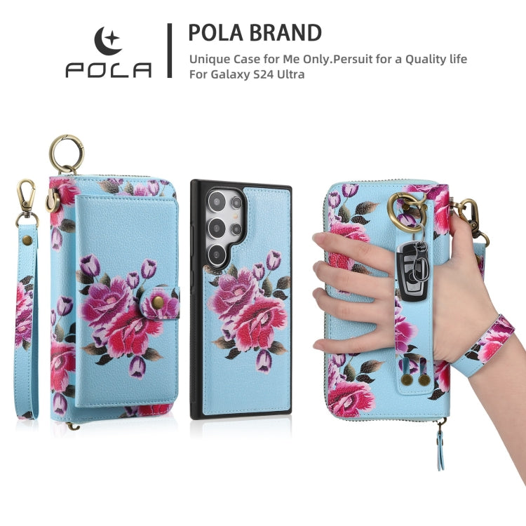 For Samsung Galaxy S24 5G POLA Flower Multi-functional Zipper Wallet Leather Phone Case(Sky Blue) - Galaxy S24 5G Cases by PMC Jewellery | Online Shopping South Africa | PMC Jewellery | Buy Now Pay Later Mobicred