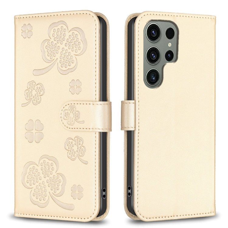 For Samsung Galaxy S25 Ultra 5G Four-leaf Embossed Leather Phone Case(Gold) - Galaxy S25 Ultra 5G Cases by PMC Jewellery | Online Shopping South Africa | PMC Jewellery | Buy Now Pay Later Mobicred