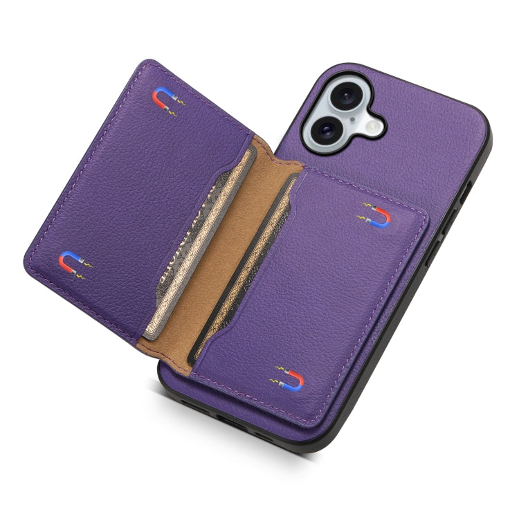 For iPhone 16 Calf Texture Card Bag Design Full Coverage Phone Case(Purple) - iPhone 16 Cases by PMC TechLife | Online Shopping South Africa | PMC TechLife | Buy Now Pay Later Mobicred