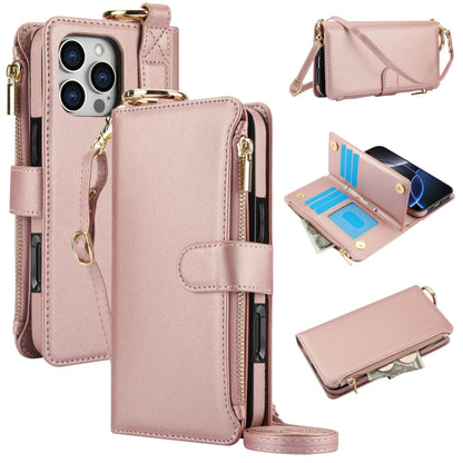 For iPhone 16 Pro Crossbody Ring Multifunctional Wallet Leather Phone Case(Rose Gold) - More iPhone Cases by PMC Jewellery | Online Shopping South Africa | PMC Jewellery | Buy Now Pay Later Mobicred