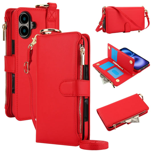 For iPhone 16 Crossbody Ring Multifunctional Wallet Leather Phone Case(Red) - iPhone 16 Cases by PMC Jewellery | Online Shopping South Africa | PMC Jewellery | Buy Now Pay Later Mobicred