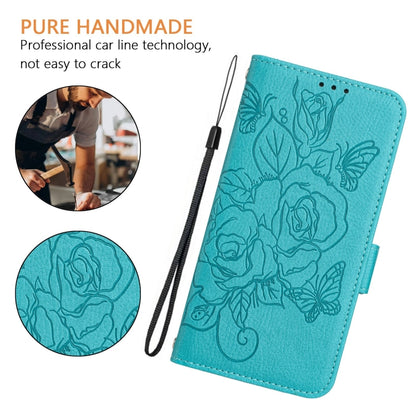 For iPhone 16 Embossed Rose RFID Anti-theft Leather Phone Case(Light Blue) - iPhone 16 Cases by PMC Jewellery | Online Shopping South Africa | PMC Jewellery | Buy Now Pay Later Mobicred