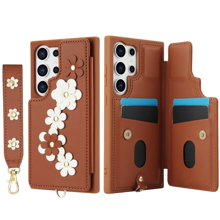 For Samsung Galaxy S25 Ultra 5G Crossbody Flower Pattern Leather Phone Case(Brown) - Galaxy S25 Ultra 5G Cases by PMC Jewellery | Online Shopping South Africa | PMC Jewellery | Buy Now Pay Later Mobicred