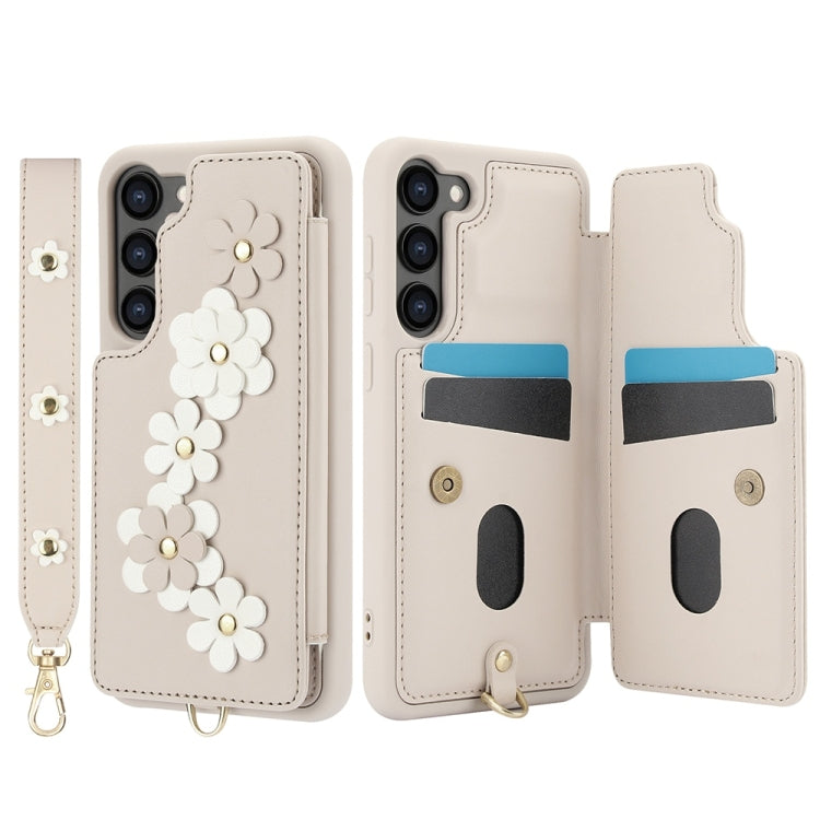 For Samsung Galaxy S25+ 5G Crossbody Flower Pattern Leather Phone Case(White) - Galaxy S23+ 5G Cases by PMC Jewellery | Online Shopping South Africa | PMC Jewellery | Buy Now Pay Later Mobicred