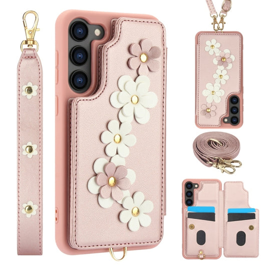 For Samsung Galaxy S25+ 5G Crossbody Flower Pattern Leather Phone Case(Rose Gold) - Galaxy S23+ 5G Cases by PMC Jewellery | Online Shopping South Africa | PMC Jewellery | Buy Now Pay Later Mobicred