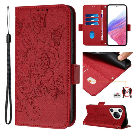 For Huawei Pura 70 Embossed Rose RFID Anti-theft Leather Phone Case(Red) - Huawei Cases by PMC Jewellery | Online Shopping South Africa | PMC Jewellery | Buy Now Pay Later Mobicred