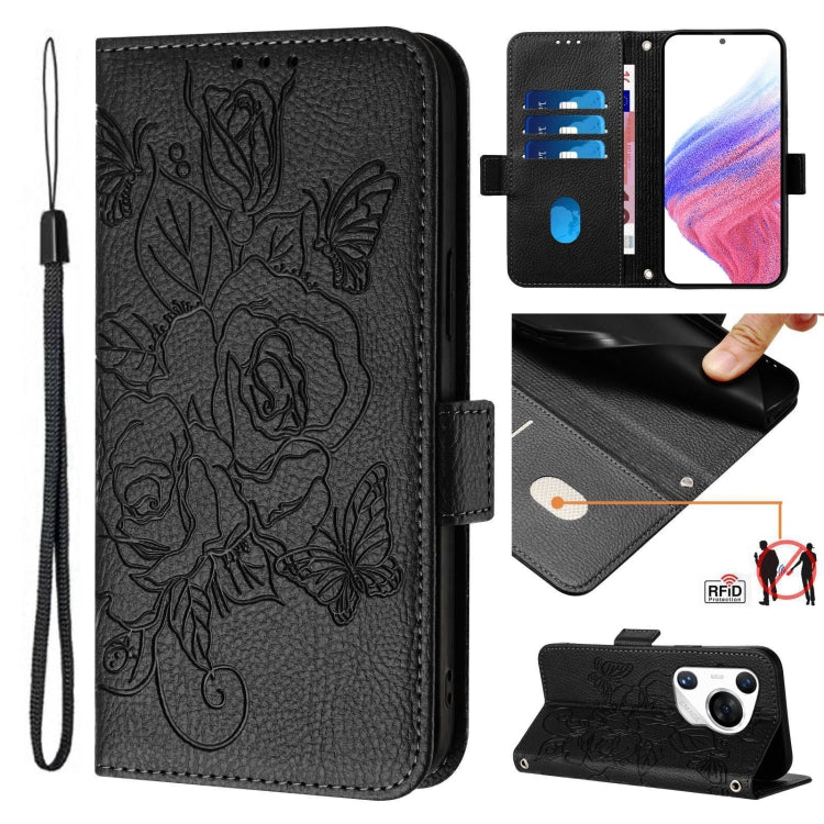 For Huawei Pura 70 Pro Embossed Rose RFID Anti-theft Leather Phone Case(Black) - Huawei Cases by PMC Jewellery | Online Shopping South Africa | PMC Jewellery | Buy Now Pay Later Mobicred