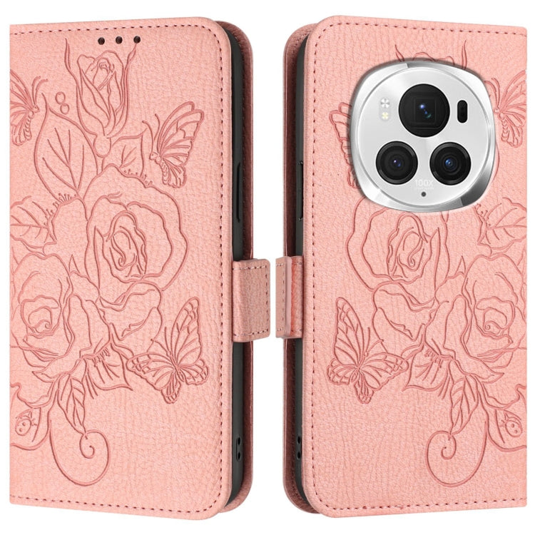 For Honor Magic6 Pro 5G Embossed Rose RFID Anti-theft Leather Phone Case(Pink) - Honor Cases by PMC Jewellery | Online Shopping South Africa | PMC Jewellery | Buy Now Pay Later Mobicred