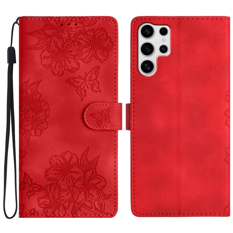 For Samsung Galaxy S25 Ultra 5G Cherry Blossom Butterfly Skin Feel Embossed PU Phone Case(Red) - Galaxy S25 Ultra 5G Cases by PMC Jewellery | Online Shopping South Africa | PMC Jewellery | Buy Now Pay Later Mobicred