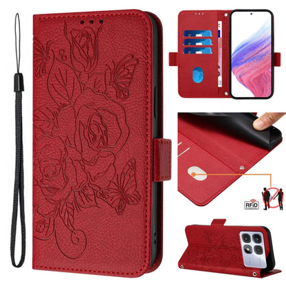 For Redmi K70 Ultra 5G Global Embossed Rose RFID Anti-theft Leather Phone Case(Red) - Xiaomi Cases by PMC Jewellery | Online Shopping South Africa | PMC Jewellery | Buy Now Pay Later Mobicred