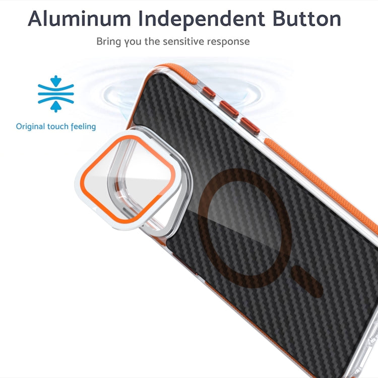 For iPhone 16 Magsafe Dual-Color Carbon Fiber Lens Film Phone Case with Lens Fold Holder(Orange) - iPhone 16 Cases by PMC Jewellery | Online Shopping South Africa | PMC Jewellery | Buy Now Pay Later Mobicred