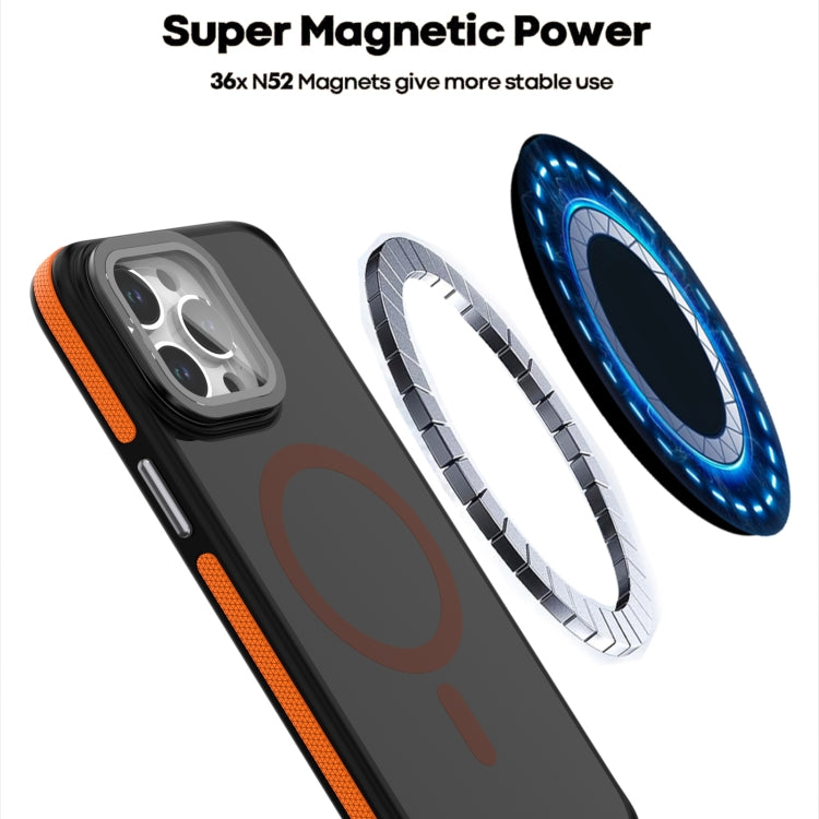 For iPhone 16 Magsafe Dual-Color Skin Feel Lens Film Phone Case with Lens Fold Holder(Orange) - iPhone 16 Cases by PMC Jewellery | Online Shopping South Africa | PMC Jewellery | Buy Now Pay Later Mobicred