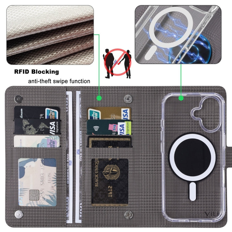 For iPhone 16 ViLi GHA-C Series RFID MagSafe Magnetic Flip Leather Phone Case(Grey) - iPhone 16 Cases by ViLi | Online Shopping South Africa | PMC Jewellery | Buy Now Pay Later Mobicred