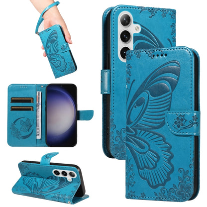 For Samsung Galaxy S25 / S24 5G Swallowtail Butterfly Embossed Leather Phone Case(Blue) - Galaxy S25 5G Cases by PMC Jewellery | Online Shopping South Africa | PMC Jewellery | Buy Now Pay Later Mobicred