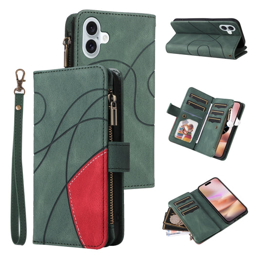 For iPhone 16 Plus Dual-color 9 Card Slots Zipper Wallet Leather Phone Case(Green) - iPhone 16 Plus Cases by PMC Jewellery | Online Shopping South Africa | PMC Jewellery | Buy Now Pay Later Mobicred