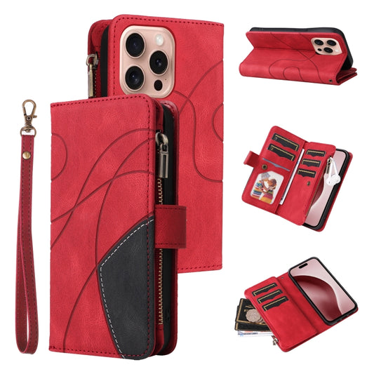 For iPhone 16 Pro Dual-color 9 Card Slots Zipper Wallet Leather Phone Case(Red) - iPhone 16 Pro Cases by PMC Jewellery | Online Shopping South Africa | PMC Jewellery | Buy Now Pay Later Mobicred