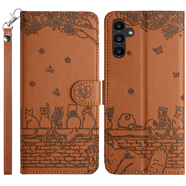 For Samsung Galaxy S25 5G Cat Embossing Pattern Leather Phone Case with Lanyard(Brown) - Galaxy S25 5G Cases by PMC Jewellery | Online Shopping South Africa | PMC Jewellery | Buy Now Pay Later Mobicred