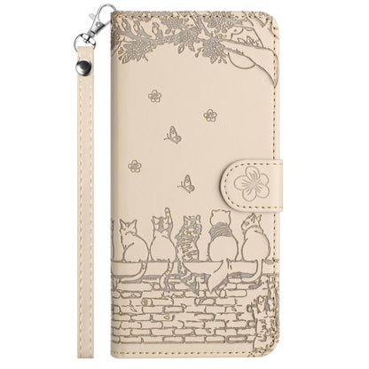 For Samsung Galaxy S25 Ultra 5G Cat Embossing Pattern Leather Phone Case with Lanyard(Beige) - Galaxy S25 Ultra 5G Cases by PMC Jewellery | Online Shopping South Africa | PMC Jewellery | Buy Now Pay Later Mobicred