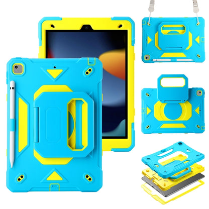 For iPad 10.2 2021 / 2020 / 2019 Legend Grip Holder Silicone Hybrid PC Tablet Case with Strap(Blue Fluorescent Yellow) - iPad 10.2 Cases by PMC Jewellery | Online Shopping South Africa | PMC Jewellery | Buy Now Pay Later Mobicred