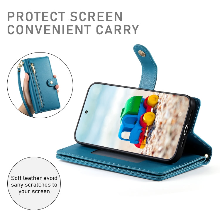 For Google Pixel 9 / 9 Pro Nine Card-slot Zipper Wallet Bag Leather Phone Case(Blue) - Google Cases by PMC Jewellery | Online Shopping South Africa | PMC Jewellery | Buy Now Pay Later Mobicred