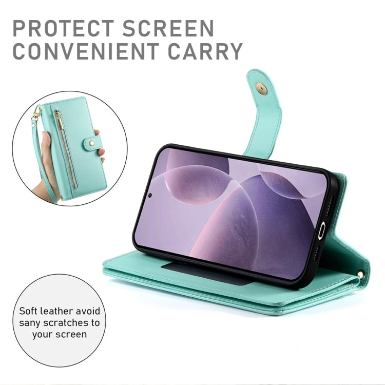 For Redmi K70 Nine Card-slot Zipper Wallet Bag Leather Phone Case(Mint Green) - K70 Cases by PMC Jewellery | Online Shopping South Africa | PMC Jewellery | Buy Now Pay Later Mobicred