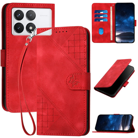 For Redmi K70 YX0080 Grid Butterfly Embossed Pattern Flip Leather Phone Case with Lanyard(Red) - K70 Cases by PMC Jewellery | Online Shopping South Africa | PMC Jewellery | Buy Now Pay Later Mobicred