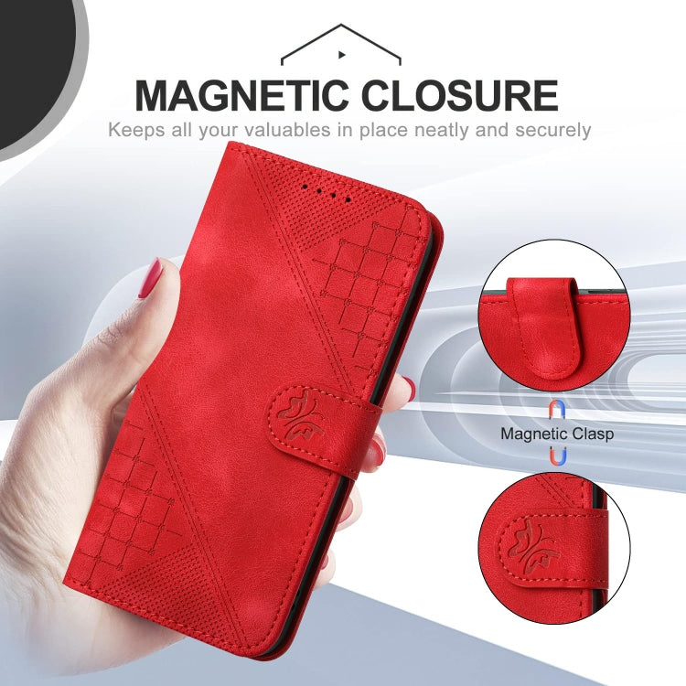 For iPhone 16e YX0080 Grid Butterfly Embossed Pattern Flip Leather Phone Case with Lanyard(Red) - iPhone 16e Cases by PMC TechLife | Online Shopping South Africa | PMC TechLife | Buy Now Pay Later Mobicred