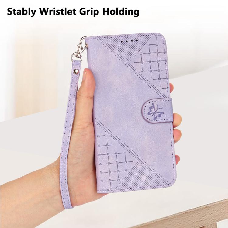 For iPhone 17 YX0080 Grid Butterfly Embossed Pattern Flip Leather Phone Case with Lanyard(Light Purple) - free shipping - PMc TechLife - Order now!