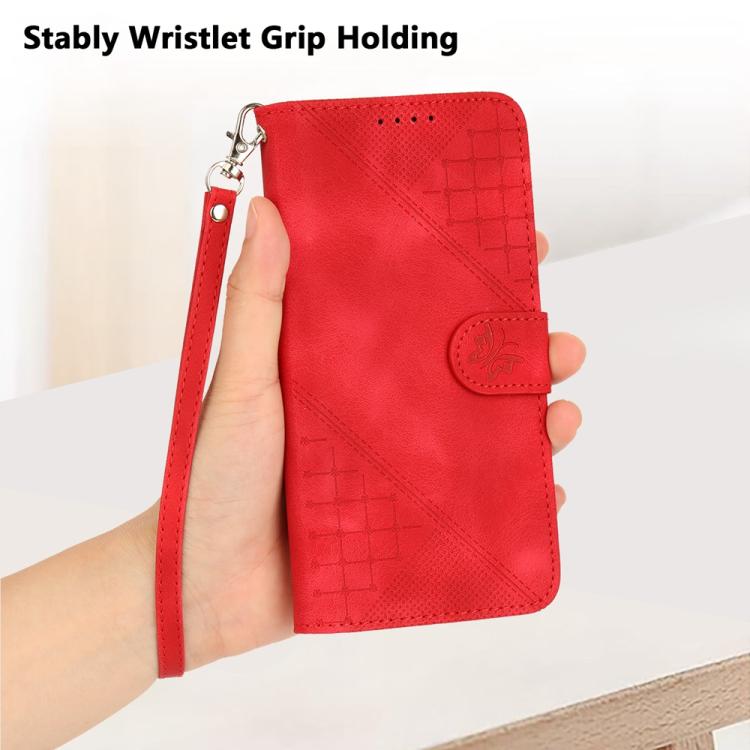 For iPhone 17 Pro YX0080 Grid Butterfly Embossed Pattern Flip Leather Phone Case with Lanyard(Red) - free shipping - PMc TechLife - Order now!