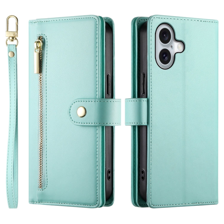 For iPhone 16 Nine Card-slot Zipper Wallet Bag Leather Phone Case(Mint Green) - iPhone 16 Cases by PMC Jewellery | Online Shopping South Africa | PMC Jewellery | Buy Now Pay Later Mobicred