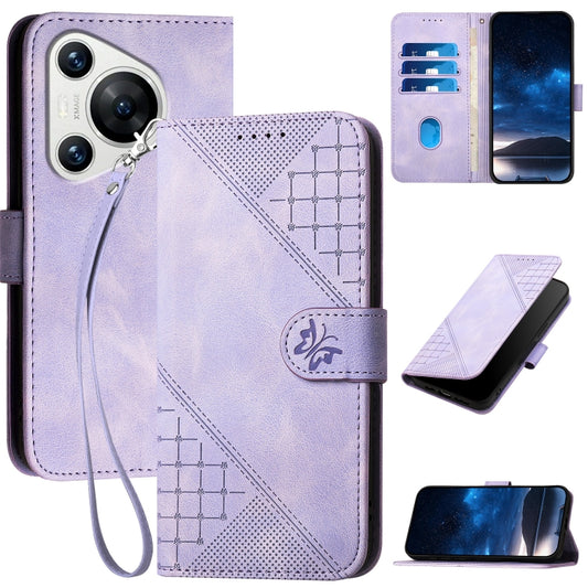 For Huawei Pura 70 YX0080 Grid Butterfly Embossed Pattern Flip Leather Phone Case with Lanyard(Light Purple) - Huawei Cases by PMC Jewellery | Online Shopping South Africa | PMC Jewellery | Buy Now Pay Later Mobicred