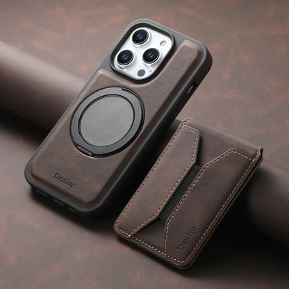 For iPhone 16 Denior D18 Skin Feel Rotating Holder MagSafe Detachable Card Slot Phone Case(Brown) - iPhone 16 Cases by Denior | Online Shopping South Africa | PMC Jewellery | Buy Now Pay Later Mobicred