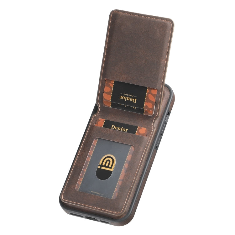 For iPhone 16 Denior D18 Skin Feel Rotating Holder MagSafe Detachable Card Slot Phone Case(Brown) - iPhone 16 Cases by Denior | Online Shopping South Africa | PMC Jewellery | Buy Now Pay Later Mobicred