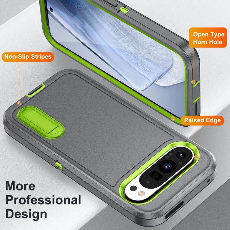 For Google Pixel 9 Rugged PC + Silicone Phone Case with Holder(Grey+Fresh Green) - Google Cases by PMC Jewellery | Online Shopping South Africa | PMC Jewellery | Buy Now Pay Later Mobicred