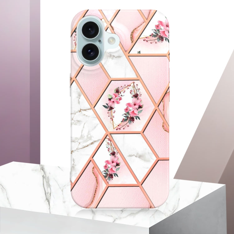 For iPhone 16 Splicing Marble Flower IMD TPU Phone Case(Pink Flower) - iPhone 16 Cases by PMC TechLife | Online Shopping South Africa | PMC TechLife | Buy Now Pay Later Mobicred