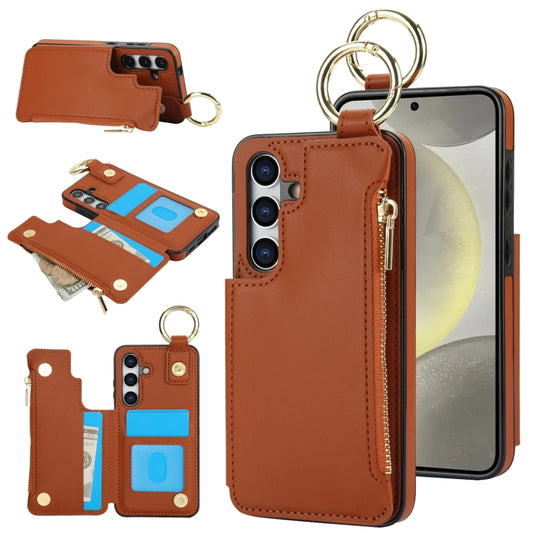 For Samsung Galaxy S24 5G RFlD Anti-theft Double Buckle Ring Zipper Card Phone Case(Brown) - Galaxy S24 5G Cases by PMC Jewellery | Online Shopping South Africa | PMC Jewellery | Buy Now Pay Later Mobicred