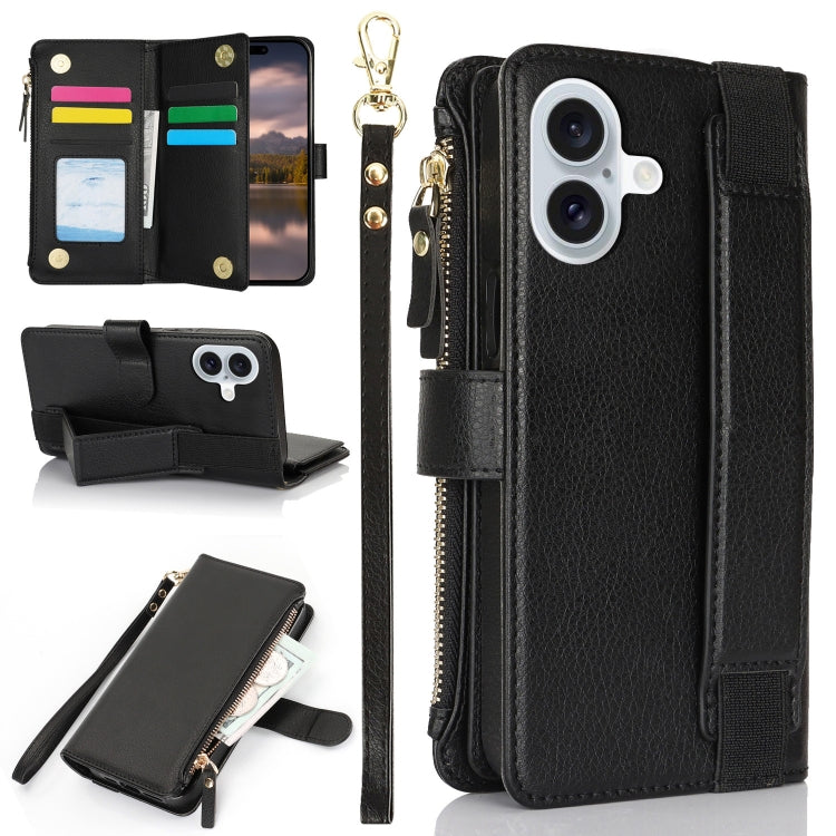 For iPhone 16 Wristband Holder Zipper Purse RFID Leather Phone Case(Black) - iPhone 16 Cases by PMC Jewellery | Online Shopping South Africa | PMC Jewellery | Buy Now Pay Later Mobicred